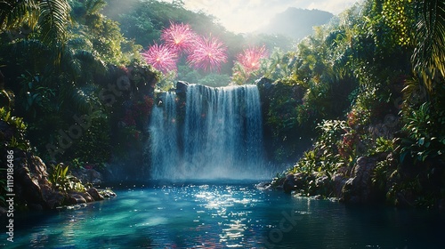 Serene Waterfall in a Tropical Rainforest with Fireworks in the Background