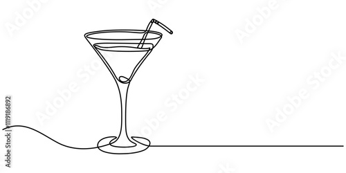 Cocktail Party Continuous Line Editable Stroke Line, Continuous Line Drawing of Cocktail Icon. Hand Drawn Symbol Vector Illustration, One Continuous Line Drawing of Cocktail Icon. Single Line Vector. 