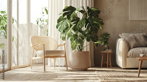 A modern room with a large monstera plant as the centerpiece, complemented by neutral decor