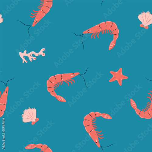 Seamless pattern sea life. Marine animals shrimp and starfish on turquoise background. Vector illustration.
