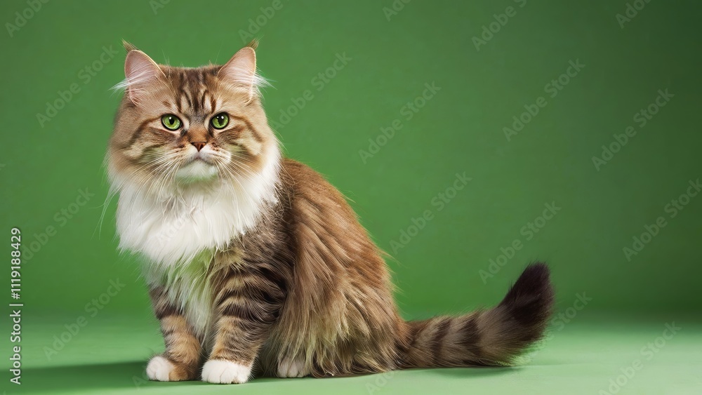 Obraz premium Fluffy Ragamuffin Cat on Vibrant Green Backdrop, Ragamuffin Cat, green backdrop, green background, cat