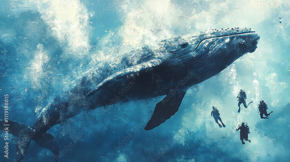 Fototapeta premium Divers encounter a colossal whale in a turbulent ocean.