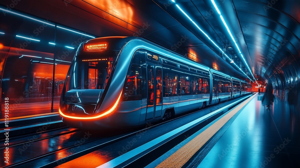 Futuristic high-speed train arriving at a neon-lit subway station platform. Futuristic high-speed train arriving at a neon-lit subway station platform.