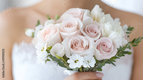 A bride holding a bouquet of delicate pink and white roses in her hand. A romantic and elegant floral arrangement symbolizing love, purity, and the beauty of a wedding celebration.