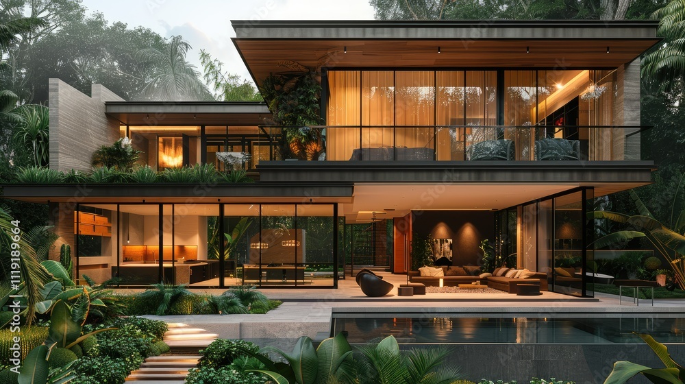 Modern luxury house with pool, surrounded by lush greenery at dusk. Modern luxury house with pool, surrounded by lush greenery at dusk.