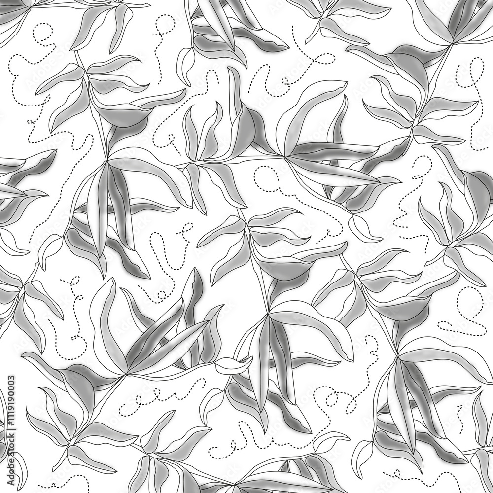 Fototapeta premium Leaves of a fantasy plant and lines of dots.