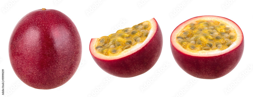 Set of whole passion fruit, half and slice of passion fruit isolated, transparent PNG, PNG format Set of whole passion fruit, half and slice of passion fruit isolated, transparent PNG, PNG format