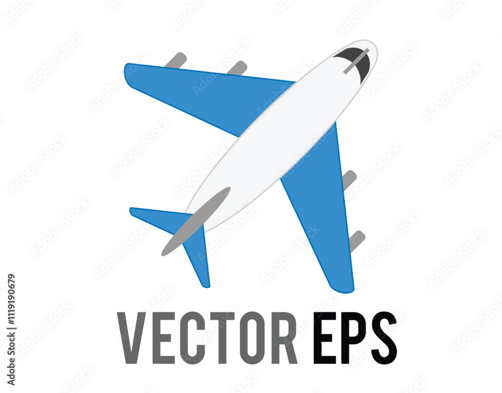 White literal airplane flat icon with blue wings and engines White literal airplane flat icon with blue wings and engines