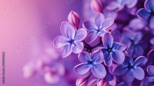 Colorful lilac flowers blooming under soft purple light in a serene setting