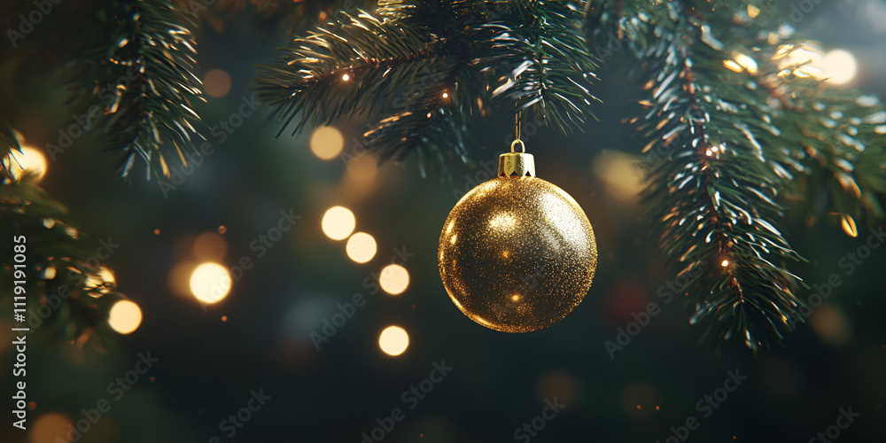 Sparkling Christmas Ornament on a Snowy Fir Tree Sparkling Christmas Ornament on a Snowy Fir Tree