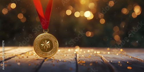 Glowing Gold Medal on a Dark, Bokeh Background photo