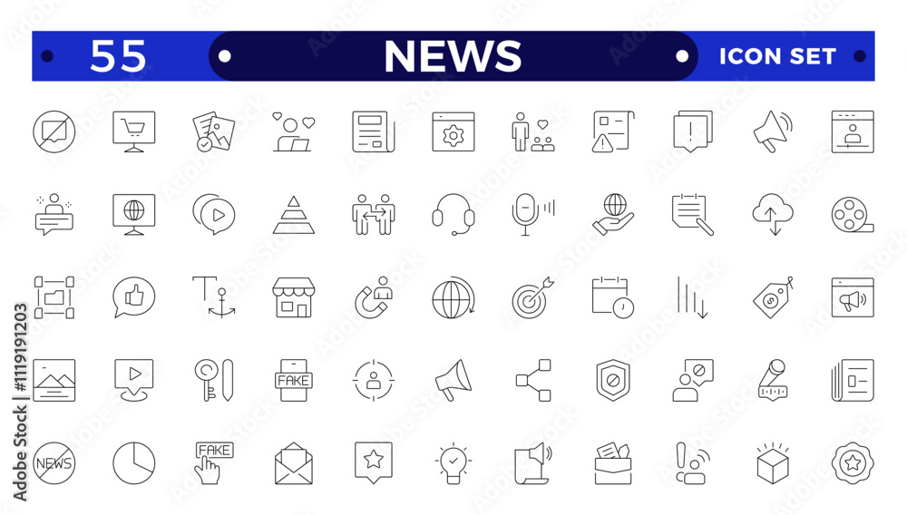 Media and news outline icons collection. Television, blogging, social media, video, promotion icons. UI icon set. Thin outline icons pack. Containing journalist, press conference, newspaper. Media and news outline icons collection. Television, blogging, social media, video, promotion icons. UI icon set. Thin outline icons pack. Containing journalist, press conference, newspaper.