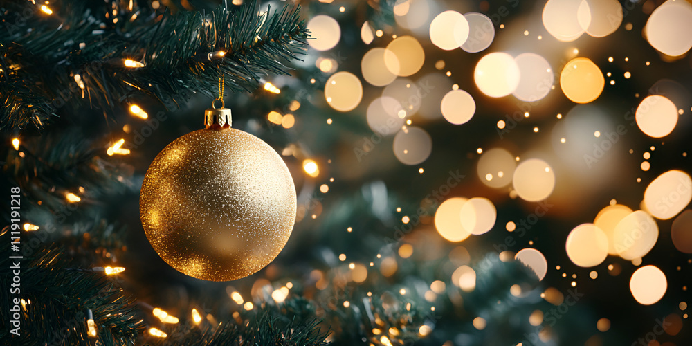 Sparkling Christmas Ornament on a Snowy Fir Tree Sparkling Christmas Ornament on a Snowy Fir Tree