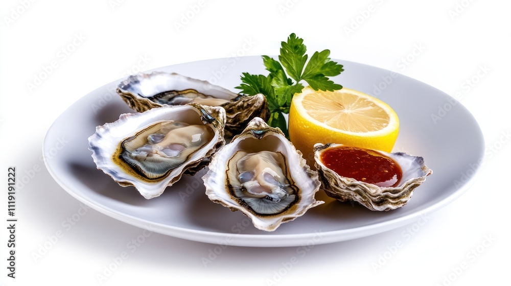 Fresh oysters served on a plate with lemon and sauce. Fresh oysters served on a plate with lemon and sauce.