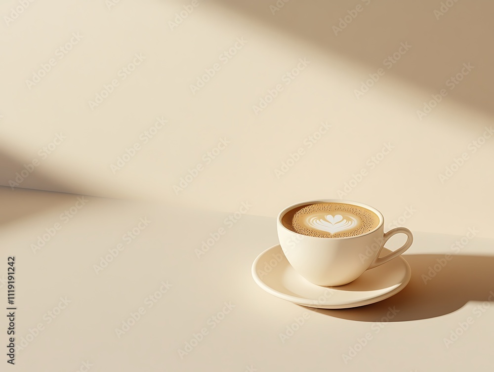 Latte art in a beige cup on a beige background with sunlight. Latte art in a beige cup on a beige background with sunlight.