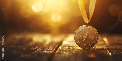 Glowing Gold Medal on a Dark, Bokeh Background photo