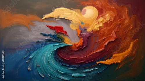 Abstract artwork featuring swirling colors and dynamic brushstrokes. vibrant expressionism piece evokes movement, depth, and emotion through its bold use of color and texture.