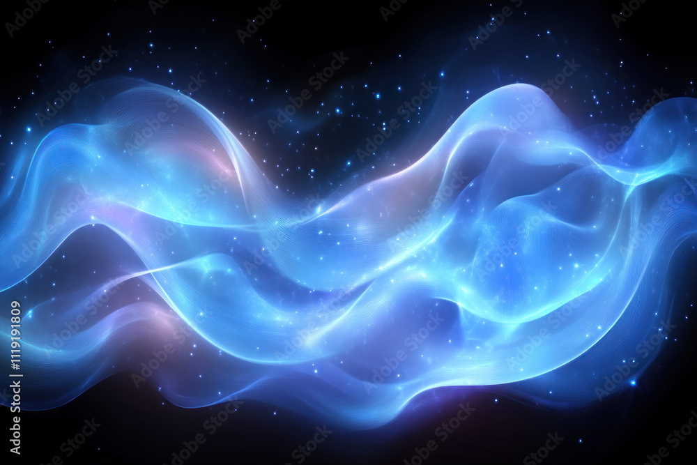 Abstract blue wave with sparkling particles on dark background. Abstract blue wave with sparkling particles on dark background.