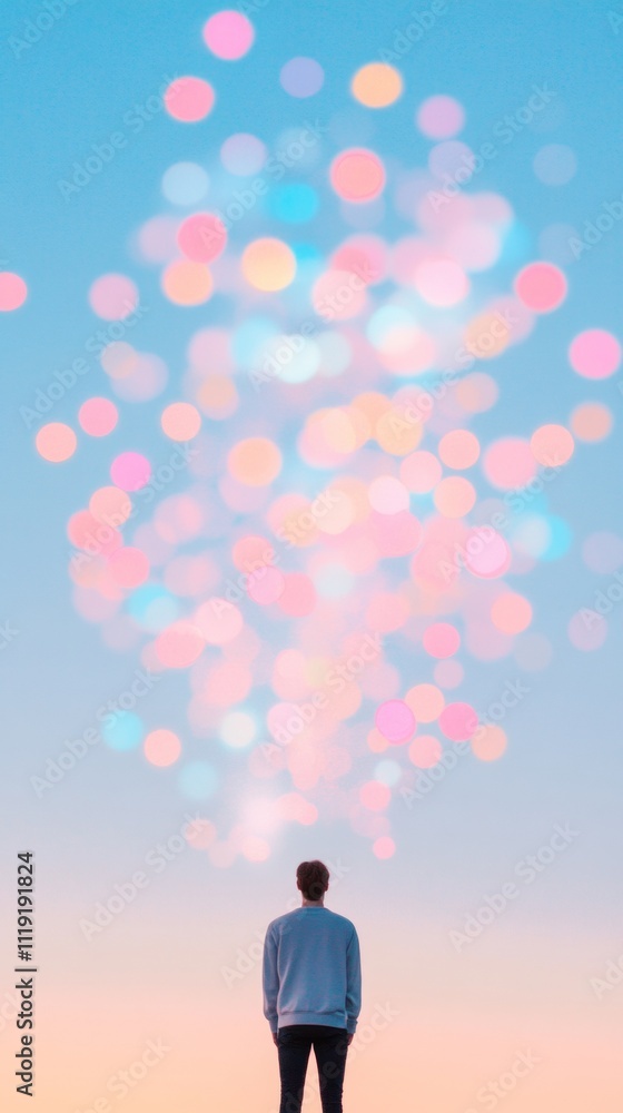 Solitary Figure Underneath Dreamlike Burst of Multicolored Lights in Abstract Digital Landscape Solitary Figure Underneath Dreamlike Burst of Multicolored Lights in Abstract Digital Landscape