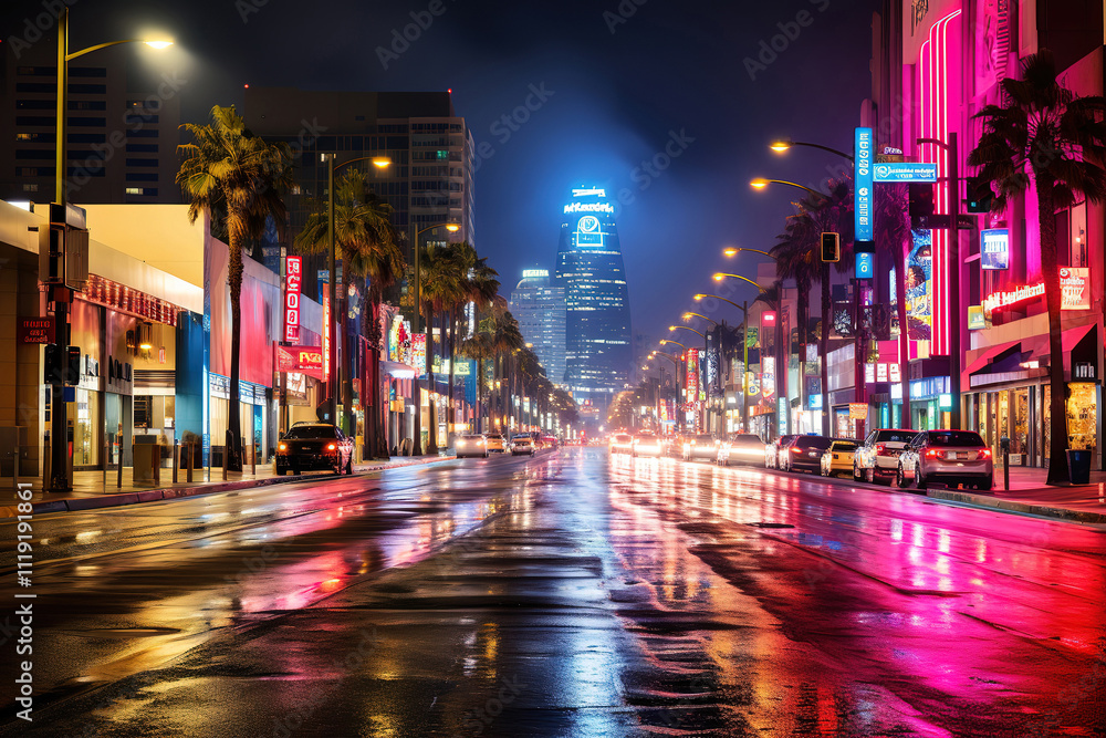 Vibrant City Street at Night with Neon Lights Vibrant City Street at Night with Neon Lights