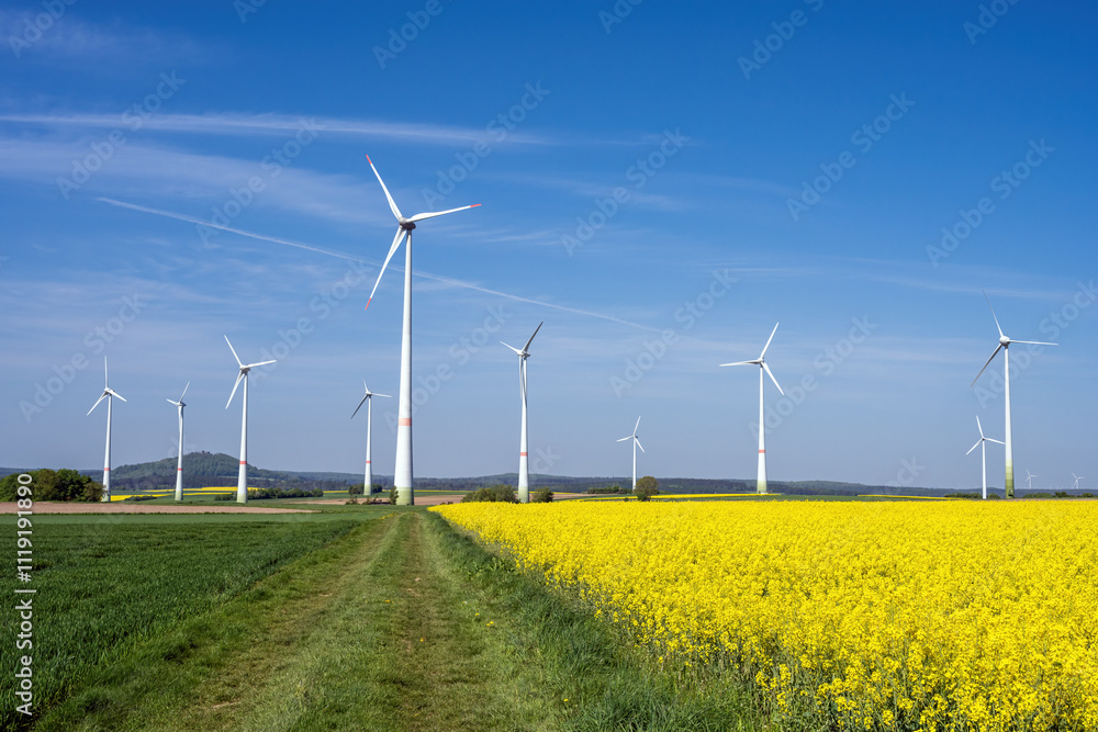 Wind turbines with a flowering canola field seen in Germany Wind turbines with a flowering canola field seen in Germany