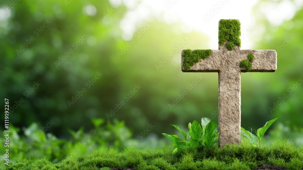 Stone cross covered in moss, surrounded by greenery. Stone cross covered in moss, surrounded by greenery.