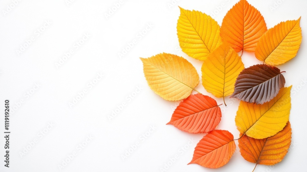 Obraz premium Autumn leaves collection flat lay composition nature photography bright colors minimalist style seasonal beauty