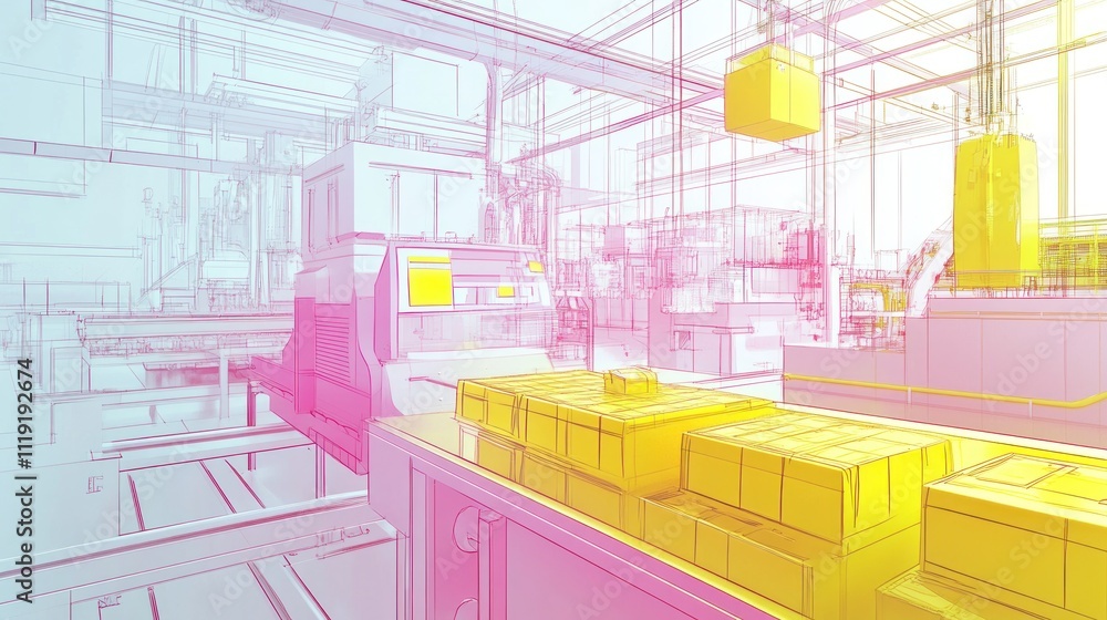 Wireframe Illustration of a Factory Production Line Wireframe Illustration of a Factory Production Line