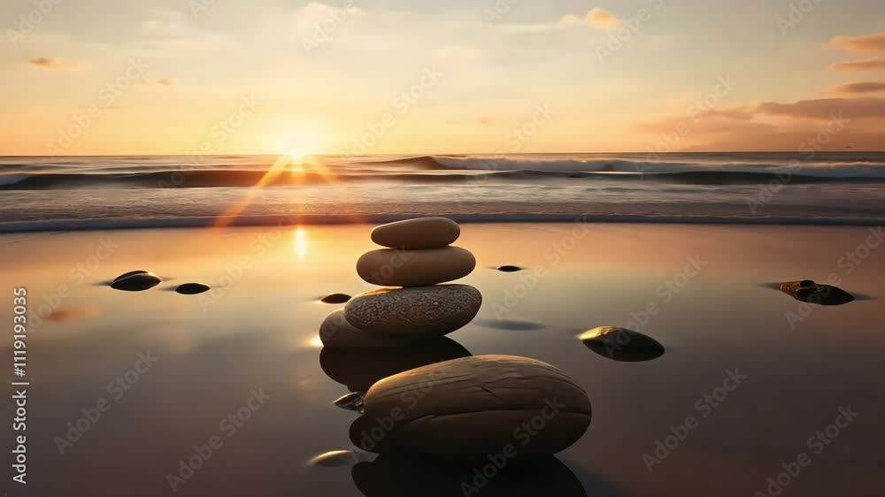Captivating Serenity at Dawn: Stack of Stones on Tranquil Beach at Sunrise
