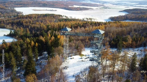 Boundary Peak Lookout Tower During Winter In Albrechtice, Czech Republic. Aerial Drone Shot photo