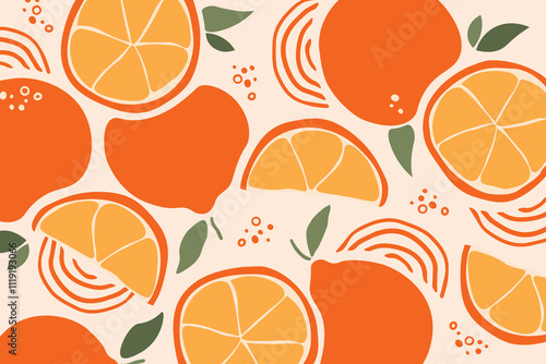 Stylish citrus oranges fruits pattern. Vector fruit seamless pattern in flat style. Blooming orange branch pattern design. Fruit illustration for fabric or wallpaper design.