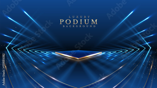 Empty golden square podium on blue background with neon effect and laser light with bokeh decoration. Elegant scene design concept. Vector illustration.