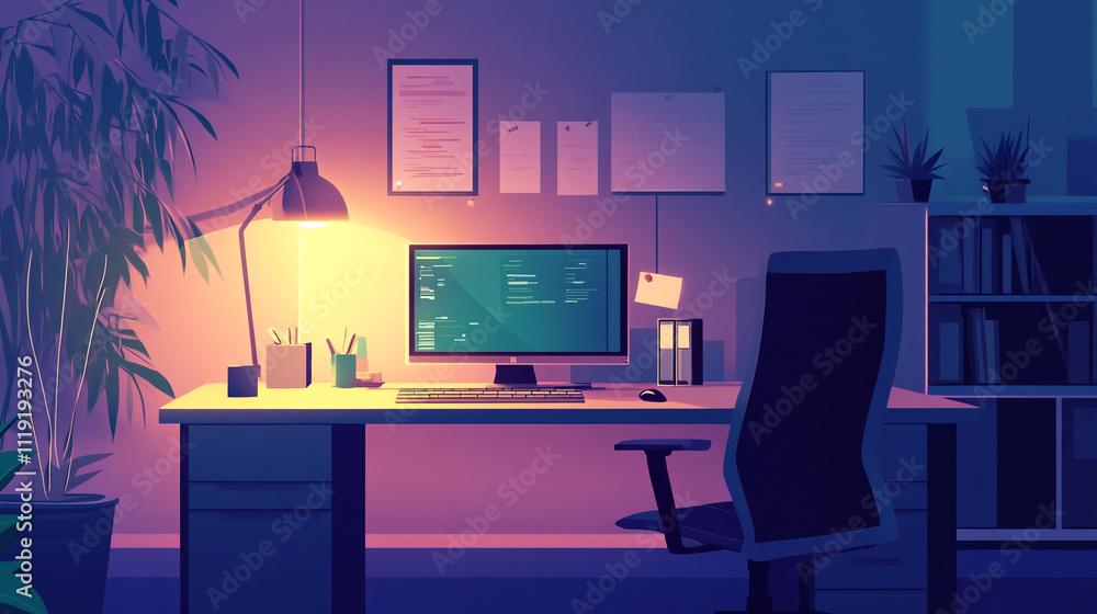 Cozy workspace with warm lighting and modern desk setup during evening hours Cozy workspace with warm lighting and modern desk setup during evening hours