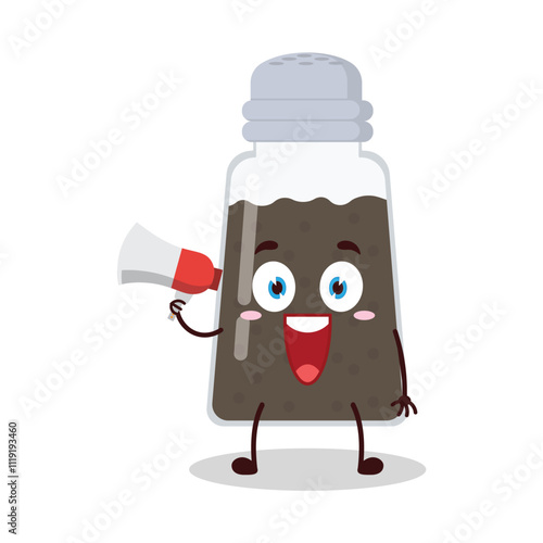 cute happy expression of black pepper cartoon character carry megaphone