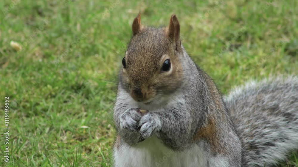 Grey Squirrel Close Up Holding And Eating Peanuts On Grass UK England, Hertfordshire, Borehamwood Grey Squirrel Close Up Holding And Eating Peanuts On Grass UK England, Hertfordshire, Borehamwood