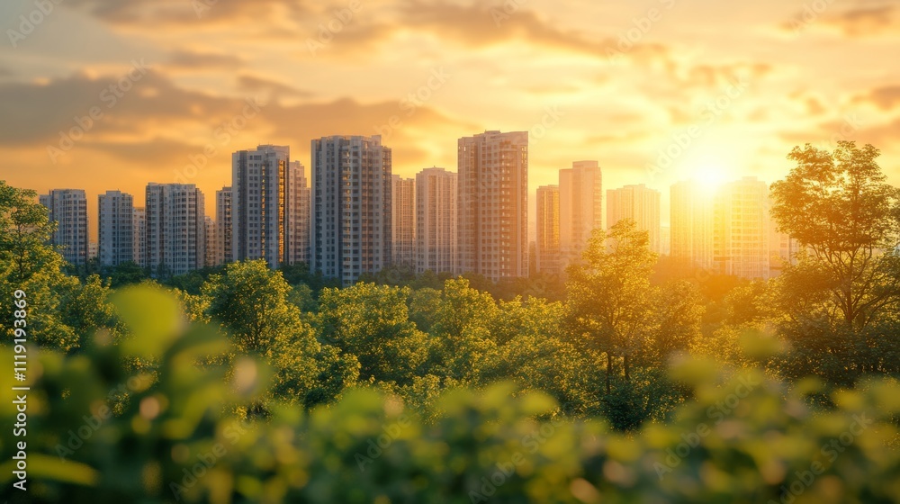 Obraz premium Sunrise Over the City Modern Residential Buildings, Green Trees, and Golden Sunlight