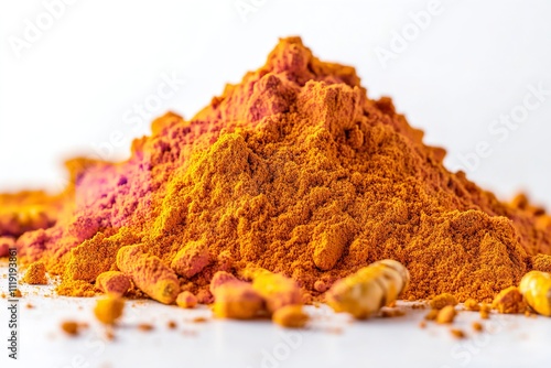 A mound of high-quality turmeric powder is distributed and isolated on a white backdrop. Generative Ai