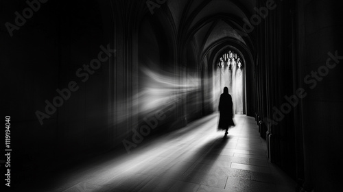 Silhouetted figure walking through dark corridor with light at end