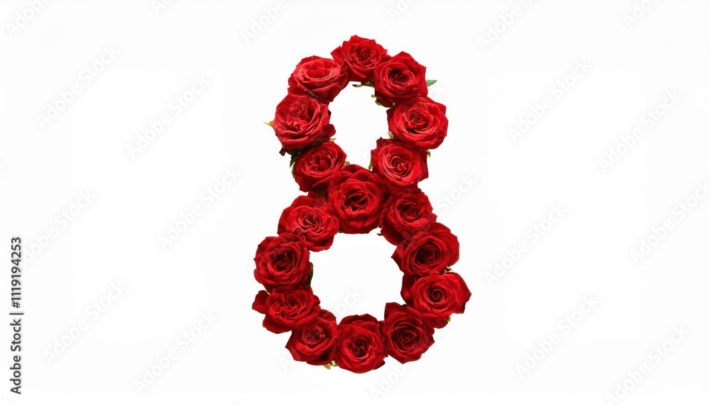 Elegant Red Roses Forming the Number 8. Perfect for Women's Day March 8th Greetings, Event Posters, Floral Themed Designs, Romantic Invitations, or Celebratory Messages with Blank Copy Space for Text Elegant Red Roses Forming the Number 8. Perfect for Women's Day March 8th Greetings, Event Posters, Floral Themed Designs, Romantic Invitations, or Celebratory Messages with Blank Copy Space for Text