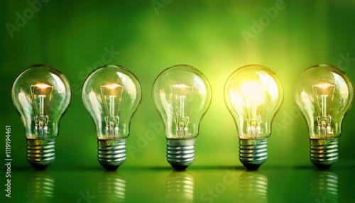 Creative Concept of Light Bulbs in a Row on a Green Background – Idea Generation