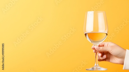 A hand holding a wine glass against a bright yellow background.