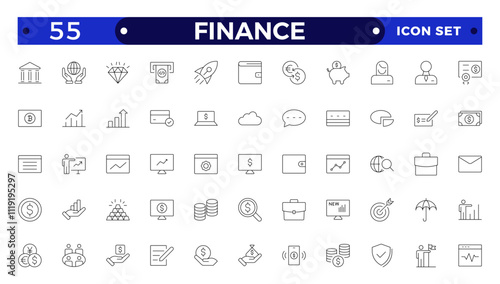 Finance outline icon set with money, bank, check, law, auction, exchange, payment, wallet, deposit, piggy, calculator,Business, Profit, Investment, Bank,  web icon.