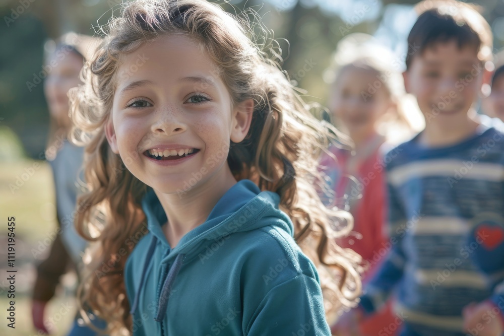 Portrait of smiling little girl with friends in background at sunny day Portrait of smiling little girl with friends in background at sunny day