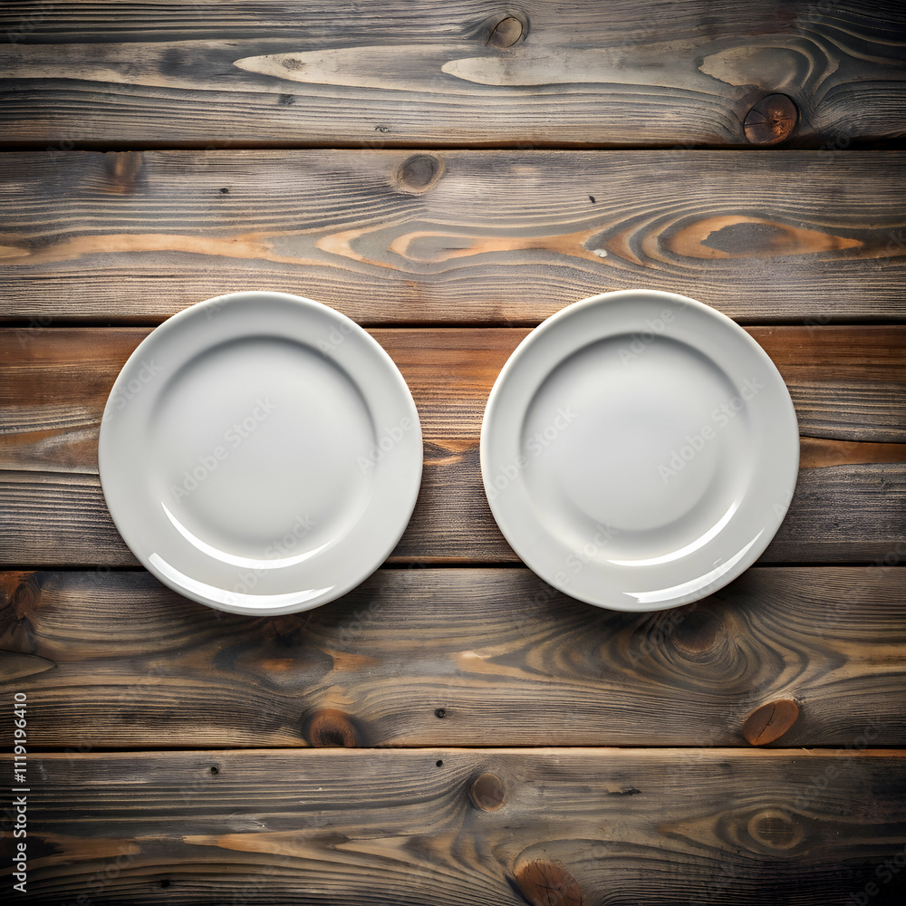 Two Empty Plates on Rustic Wooden Table. Simple Food Photography Background Two Empty Plates on Rustic Wooden Table. Simple Food Photography Background