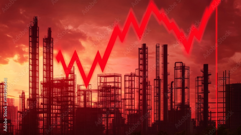 Naklejka premium Declining red graph over factory silhouette, symbolizing economic downturns in manufacturing.