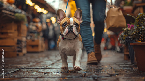 French Bulldog confidently walks on cobblestone street in bustling outdoor market, surrounded by vibrant stalls and plants, with its owner holding leash