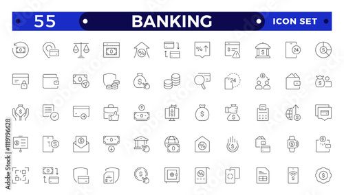 Banking icon set with money, bank, check, law, auction, exchange, payment, wallet, deposit, piggy, calculator, web icon. Containing policy, needs, community, government employee, public finance, icon.