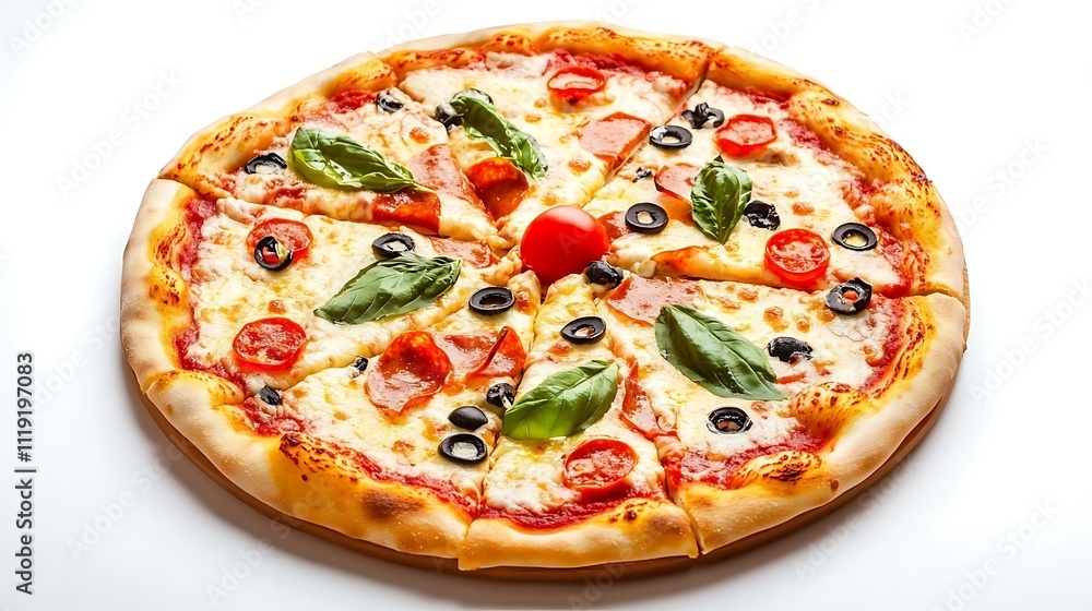 A round pizza with pepperoni, olives, mozzarella, and basil.
A round pizza with pepperoni, olives, mozzarella, and basil.