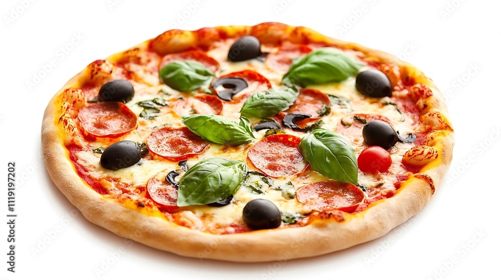 A round pizza with pepperoni, olives, mozzarella, and basil.
A round pizza with pepperoni, olives, mozzarella, and basil.