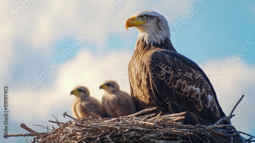 Majestic bald eagle with two eaglets in a nest against a bright sky.